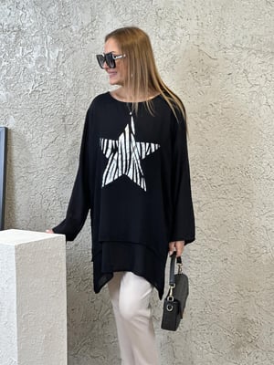 Yıldız Baskılı Oversize Siyah Pamuk Bluz