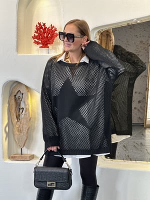 Yıldızlı File Detay Siyah Oversize Triko
