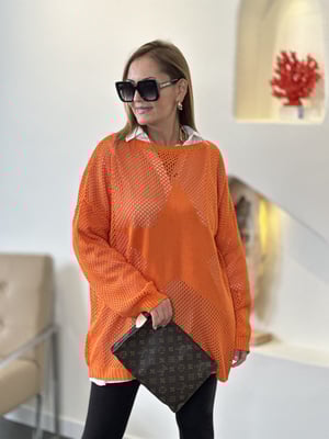 Yıldızlı File Detay Turuncu Oversize Triko