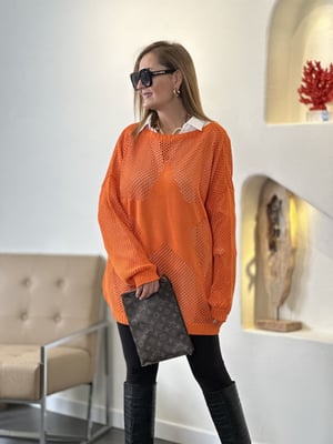 Yıldızlı File Detay Turuncu Oversize Triko
