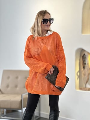 Yıldızlı File Detay Turuncu Oversize Triko
