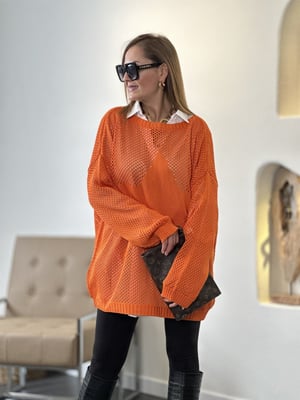 Yıldızlı File Detay Turuncu Oversize Triko