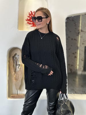 Yırtık Detay Oversize Siyah Triko