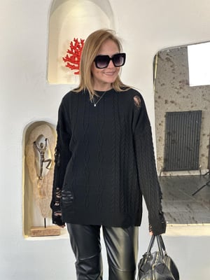 Yırtık Detay Oversize Siyah Triko