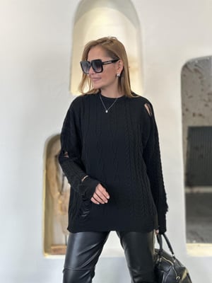 Yırtık Detay Oversize Siyah Triko