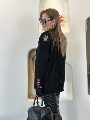 Yırtık Detay Oversize Siyah Triko