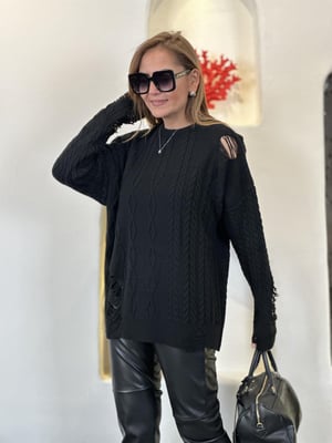Yırtık Detay Oversize Siyah Triko