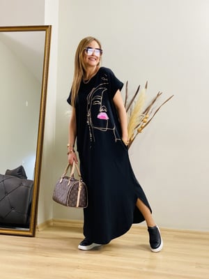 Yüz Baskılı Siyah Basic Elbise