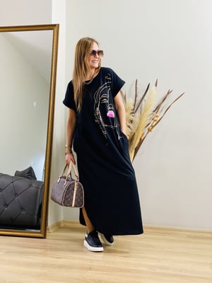 Yüz Baskılı Siyah Basic Elbise