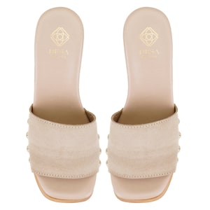 Kadın Bej Platform Topuklu Süet Deri Terlik