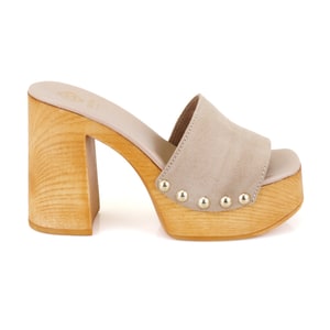 Kadın Bej Platform Topuklu Süet Deri Terlik