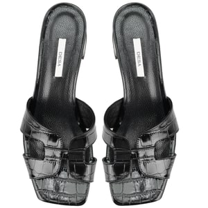 Kadın Siyah Kroko Baskılı Topuklu Deri Terlik