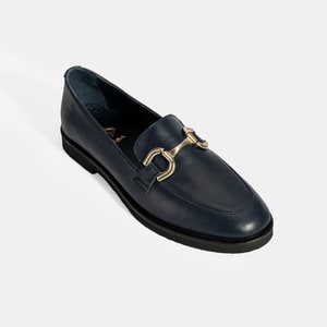 XXX Kadın Lacivert Metal Toka Aksesuarlı Deri Loafer