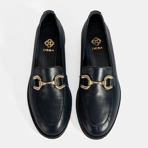 XXX Kadın Lacivert Metal Toka Aksesuarlı Deri Loafer