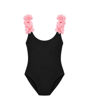 After Party Black Kids Swimsuit With Pink Chiffon Flowers Straps
