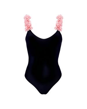 After Party Black Swimsuit With Pink Chiffon Flowers Straps