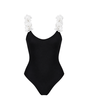 After Party Black Swimsuit With White Chiffon Flowers Straps