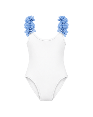 After Party White Kids Swimsuit With Blue Chiffon Flowers Straps