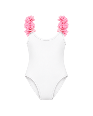 After Party White Kids Swimsuit With Pink Chiffon Flowers Straps