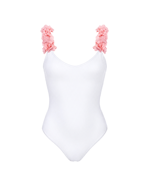 After Party White Swimsuit With Pink Chiffon Flowers Straps
