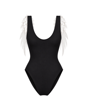 Angel Black Swimsuit With White Lace Wing Details