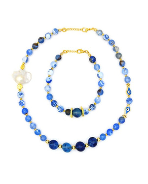 Baroque Pearl and Blue Agate Stone Necklace & Bracelet Set