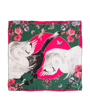Cabala / Swans & Orchids Green Silk Twill 90 cm Scarf