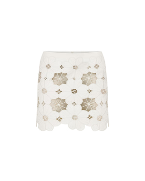 Flower Embroidered Open-Work Leather Mini Skirt