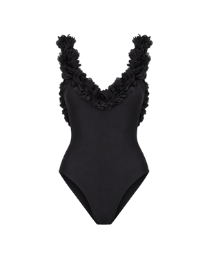 Juliet Black Swimsuit With Black Chiffon Flowers Details