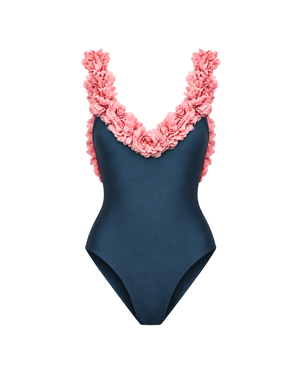 Juliet Grey Swimsuit With Pink Chiffon Flowers Straps