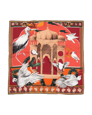 Miniature Palace / Birds & Mansion Burgundy Silk Twill 90 cm Scarf