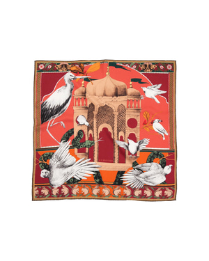 Miniature Palace / Birds & Pavilion Burgundy Silk Twill 53 cm Bandana