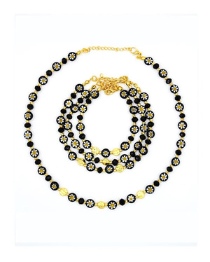 Murano Black Daisy Pattern Necklace & Bracelet Set