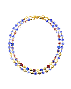 Murano Porcelain Blue Flower Double Necklace