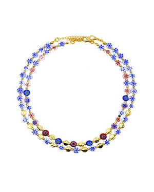 Murano Porcelain Blue Flower Double Necklace