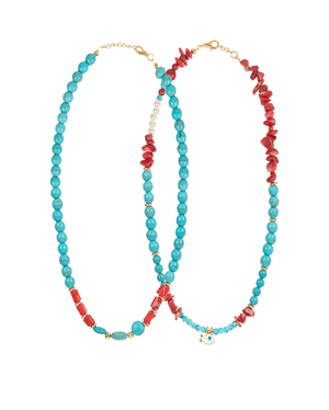 Natural Stone Necklace With Turquoise, Coral, and Pearl Details