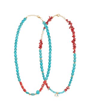 Natural Stone Necklace With Turquoise, Coral, and Pearl Details