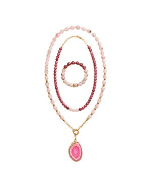 Pink Quartz & Pink Agate Pendant Necklace & Bracelet Set