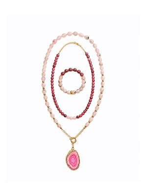 Pink Quartz & Pink Agate Pendant Necklace & Bracelet Set