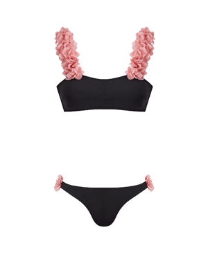 Rosa Black Bikini With Pink Chiffon Flowers Straps