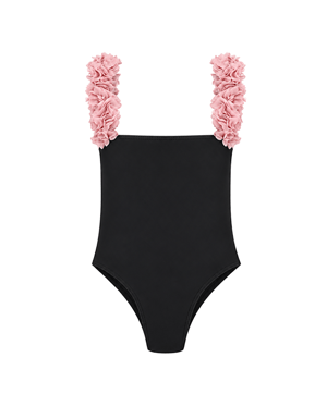 Rosa Black Kids Swimsuit With Pink Chiffon Flowers Straps