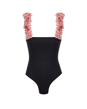 Rosa Black Swimsuit With Pink Chiffon Flowers Straps