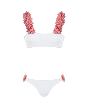 Rosa White Bikini With D.Pink Chiffon Flowers Straps | Pink
