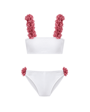 Rosa White Kids Bikini With Pink Chiffon Flowers Straps