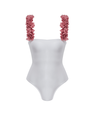 Rosa White Swimsuit With D.Pink Chiffon Flowers Straps