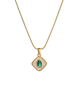 Square Mother-of-Pearl Green Stone Necklace