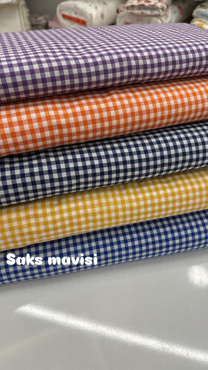 Mini Kareli Desen Poly Poplin Kumaş Saks Mavi