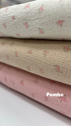 Puanlı Gonca Gül Desenli Çift Katlı Müslin Pamuk Kumaş Pembe