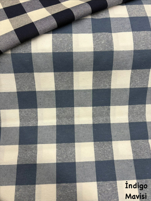 İri Kareli Etu Cotton Keten İndigo Mavi