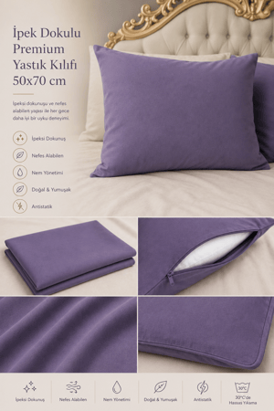 Royal Violet İpek Dokulu Yastık Kılıfı 50x70 cm | Antistatik & Nefes Alabilen Premium Kumaş